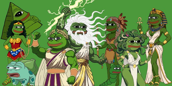 A cartoon parody depicting the Pepe the Frog character dressed as various Greek gods, including Wonder Woman, Zeus, and Poseidon.