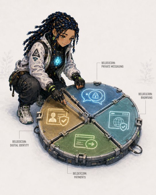 An illustration of a person with dreadlocks kneeling beside a circular device divided into four segments labeled 'BELDEXCOIN: PRIVATE MESSAGING', 'BELDEXCOIN: BROWSING', 'BELDEXCOIN: PAYMENTS', and 'BELDEXCOIN: DIGITAL IDENTITY'.