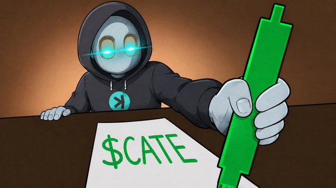 A hooded figure with glowing cyan eyes wearing a hoodie featuring the $CATE logo sits at a desk, gripping a large green marker over a paper labeled "$CATE"—visually representing the post's declaration of confidence in a billion-dollar move for the $CATE token.