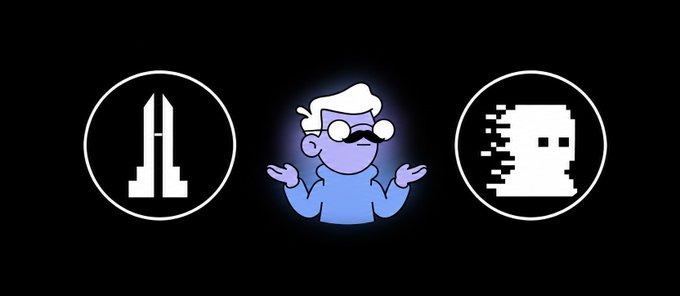 A black graphic featuring three icons: two vertical bars on the left, a cartoon character with glasses and a mustache shrugging in the center, and a pixelated ghost figure on the right.