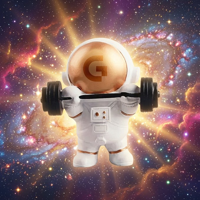 A digital artwork of a white astronaut figure with a golden helmet displaying the letter 'G', lifting a barbell against a colorful cosmic galaxy background.