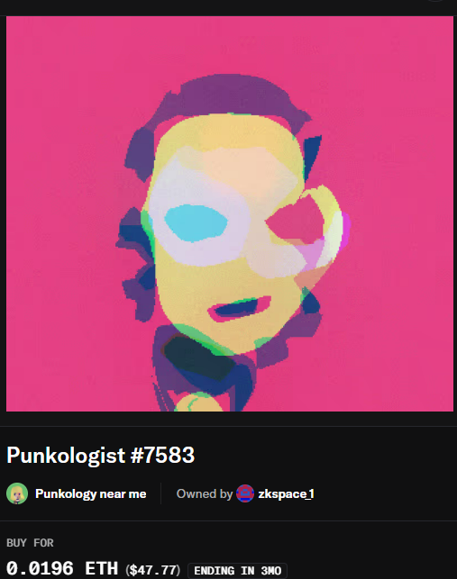 A digital marketplace listing for a pop-art style portrait titled 'Punkologist #7583' priced at 0.0196 ETH ($47.77), ending in 3 hours, owned by 'zkspace1'.
