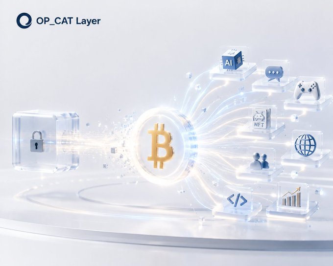 A digital graphic for OP_CAT Layer showing a Bitcoin symbol connected to icons representing AI, NFT, gaming, global networking, users, coding, and finance, alongside a lock icon.