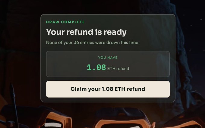 A screenshot shows a "DRAW COMPLETE" notification stating "Your refund is ready" with no entries drawn, displaying a 1.08 ETH refund available to claim at the mint.blokyz.com site. The image visually emphasizes the disappointment of missing out while still highlighting the consolation ETH refund tied to the minting experience.