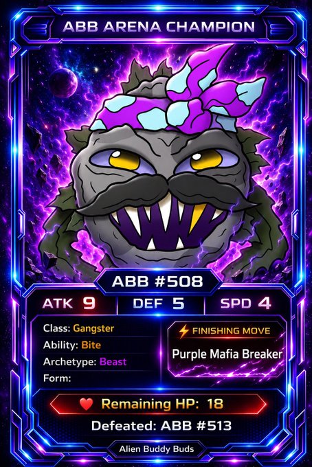 A trading card titled "ABB ARENA CHAMPION" features a purple and teal monster named ABB #508 (Class: Gangster, Archetype: Beast) with stats ATK 9, DEF 5, and SPD 4, showcasing the Finishing Move "Purple Mafia Breaker" after defeating ABB #513, tying to the post's celebration of flaunting battle cards earned from winning weekly battles in the Alien Buddy Buds game.
