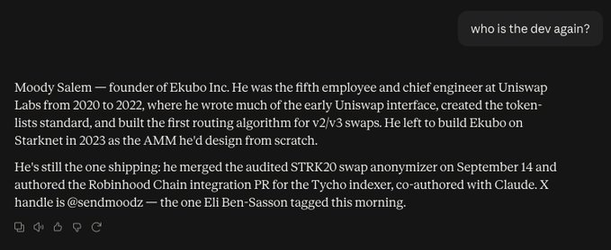 Text post answering 'who is the dev again?', introducing Moody Salem as founder of Ekubo Inc., former Uniswap Labs engineer who built early Uniswap interfaces, token lists, and routing algorithms.