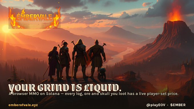 Promotional artwork for the game 'EMBERVALE' showing four armored characters overlooking a fiery mountain landscape, with text reading 'YOUR GRIND IS LIQUID' and the URL emberovale.xyz.