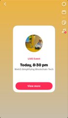 A mobile app event invitation showing 'LIVE Event: Today, 6:30 pm' for World Emoji Day Blockchain Tech.