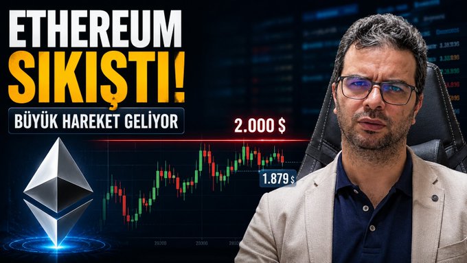 A man in glasses and a blazer appears beside an Ethereum (ETH) price chart showing a current price of $1,879 and a target of $2.000, with Turkish text reading "ETHEREUM SIKIŞTI! BÜYÜK HAREKET GELİYOR" (Ethereum is squeezed! A big move is coming), illustrating the video's discussion of an upcoming significant price movement.
