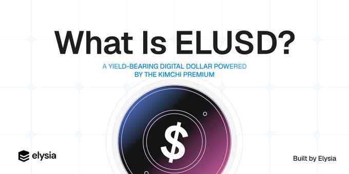 The image is a promotional banner with the headline "What Is ELUSD?" and the subheading "A YIELD-BEARING DIGITAL DOLLAR POWERED BY THE KIMCHI PREMIUM," featuring a dark circular token graphic with a dollar sign. Built by Elysia (as noted by the logo and "Built by Elysia" text), the banner introduces ELUSD as a yield-bearing stablecoin, directly illustrating the post's point that ELUSD distinguishes itself from typical synthetic dollars by sourcing its yield through Kimchi Premium Arbitrage rather than perpetual funding rates.