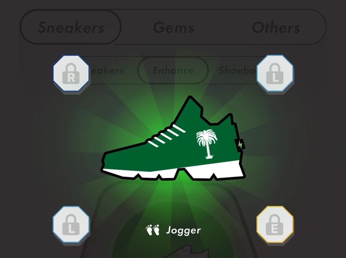 The image features a green shoe with a palm tree design, which appears to be a jogging shoe. The shoe has four pads on its sides, suggesting that it might have some sort of unique feature or technology related to jogging. The shoe is displayed against a black background and is surrounded by small circles representing the pads' locations.