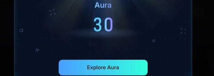 A digital interface displaying 'Aura 30' with an 'Explore Aura' button on a dark background with geometric accents.