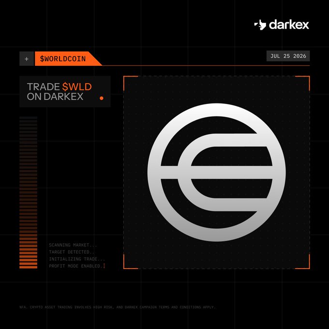 A promotional graphic for Darkex featuring the $WLD (Worldcoin) ticker and a date of July 25, 2026, displaying the Worldcoin logo alongside a "Trade $WLD on Darkex" call-to-action. The dark, tech-inspired design with orange accents and system-style text like "Scanning market... Target detected... Profit mode enabled" reinforces the post's message about Worldcoin's identity-verification protocol making proof of personhood itself the product.