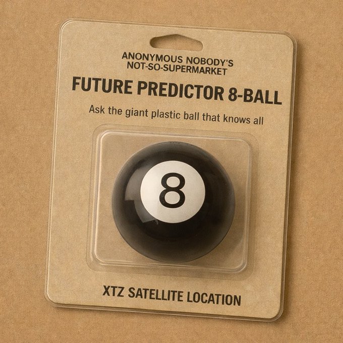 A product package labeled 'FUTURE PREDICTOR 8-BALL' from 'ANONYMOUS NOBODY'S NOT-SO-SUPERMARKET' with the tagline 'Ask the giant plastic ball that knows all' and 'XTZ SATELLITE LOCATION' printed on the cardboard backing.