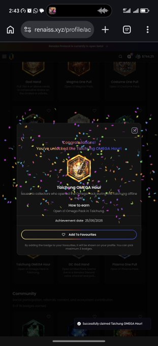 A mobile screenshot shows a "Congratulations!" notification on the renaiss.xyz profile page indicating the user unlocked the "Taichung OMEGA Hour!" Soulbound Token (SBT), with a "Successfully claimed" confirmation at the bottom, aligning with the post's announcement about distributing SBTs in batches.