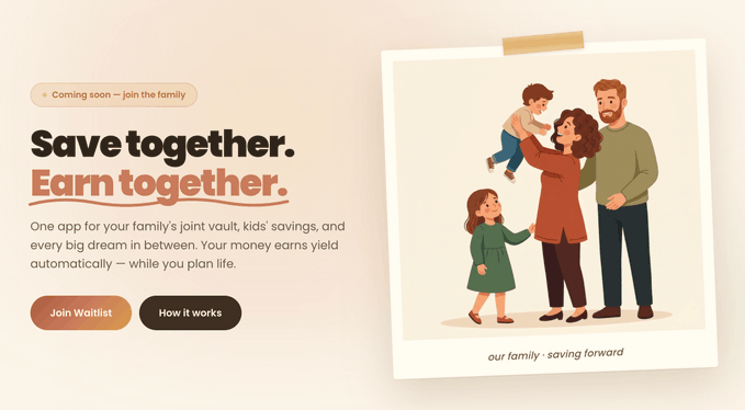 The image features a poster with a cartoon depiction of a family posing for a picture. The poster also includes text that reads "Save together. Earn together." This suggests that the poster is promoting a financial app called "Family Finance" which helps families manage their finances and save money more effectively by encouraging them to work together as a team.