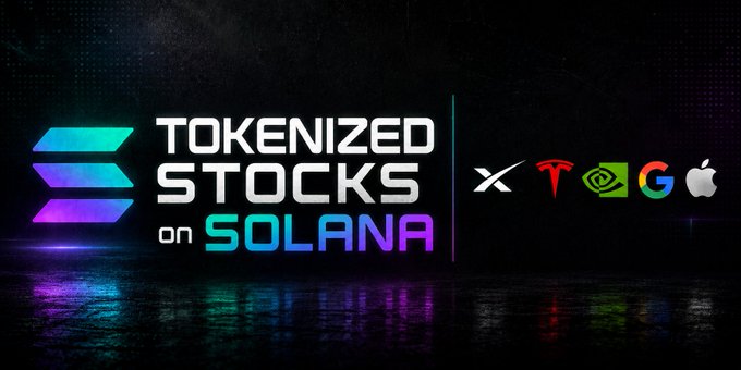 A bold graphic promotes "TOKENIZED STOCKS on SOLANA," featuring logos of major companies including X (Twitter), Tesla, NVIDIA, Google, and Apple, visually reinforcing the post's message that Solana dominates tokenized equity trading with over 95% market share and billions in cumulative onchain stock volume.