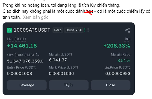 A trading interface screenshot showing a '1000SATSUSDT Perp' position with a profit/loss (PNL) of +14,461.18 USDT and an ROI of +208.33%, accompanied by Vietnamese text at the top.