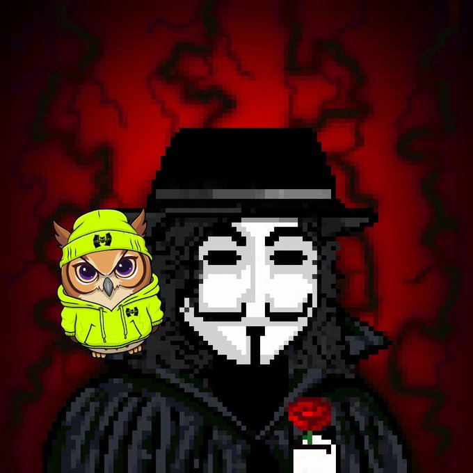 A pixel-art image showing a hooded figure wearing a white Anonymous mask and holding a red rose against a dark red background, with a small cartoon owl in a yellow Under Armour hoodie perched on its shoulder.