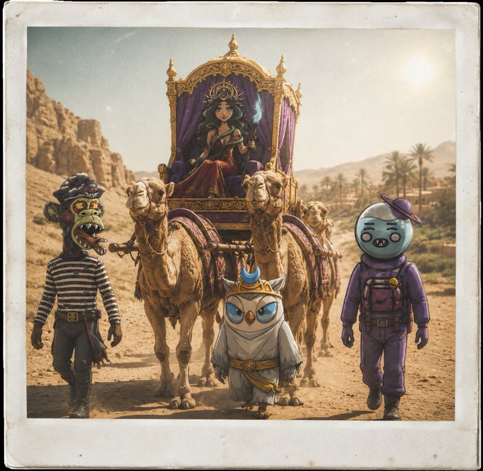 A Polaroid-style photo depicting a desert scene where a princess sits on a camel-drawn carriage, accompanied by a creature in a striped shirt, an owl with a crescent moon crown, and a blue-skinned character in purple.