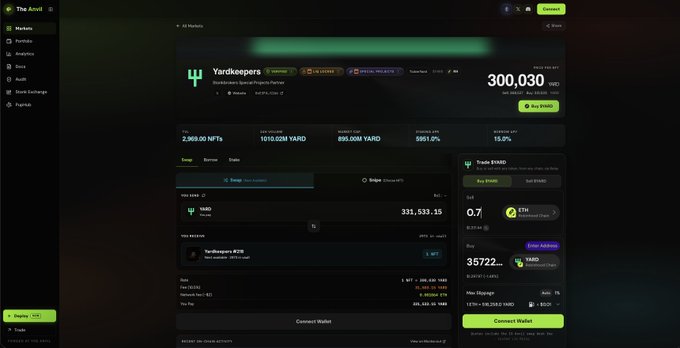 A screenshot of The Anvil platform showing the Yardkeepers token page with a price of 300,030 YARD and various trading information displayed.