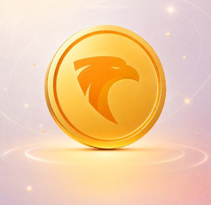 A glowing golden coin featuring an eagle head emblem floats against a soft pink and peach gradient background with swirling light trails, symbolizing the mining of STARDUST tokens on the Stellar network as promoted by Gold Eagle on Sl8 Social.