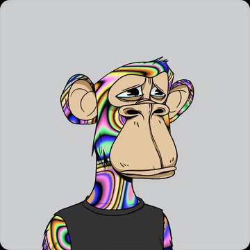 A digital illustration of a bored-looking ape with a psychedelic, rainbow-colored face, wearing a black shirt. The colorful NFT avatar relates to the post by showcasing the type of collectible art ("trippys") that recently sold on the secondary market for significant ETH amounts.