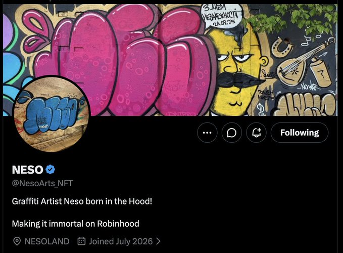 A Twitter profile for graffiti artist NESO (@NesoArts_NFT), featuring a vibrant banner of colorful street art including pink bubble letters and a yellow character with a mustache holding a mandolin, promoting the first graffiti art NFT collection on Robinhood with each NFT tied to its real-life location.