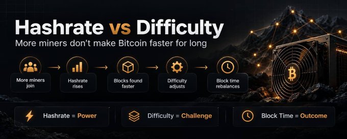 An infographic titled “Hashrate vs Difficulty” explains that more miners joining Bitcoin raises hashrate (computing power) and finds blocks faster at first, but network difficulty then adjusts to restore the target ~10-minute block interval. The diagram links hashrate to “Power,” difficulty to “Challenge,” and block time to “Outcome,” alongside a Bitcoin mining rig illustration.