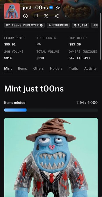 An NFT minting page for 'just t00ns' by T00NS_DEPLOYER on Ethereum shows 1,194/5,000 items minted, with a floor price of $90.91 and featuring a blue monster character in a wizard hat.