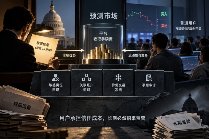 An infographic in Chinese about prediction markets ('预测市场'), showing platform fee structures, anti-fraud detection, and trader behavior analysis against a Capitol building backdrop.