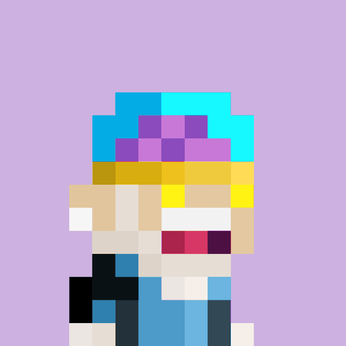 A heavily pixelated, low-resolution image depicts a figure with bright blue hair and colorful clothing against a solid purple background.