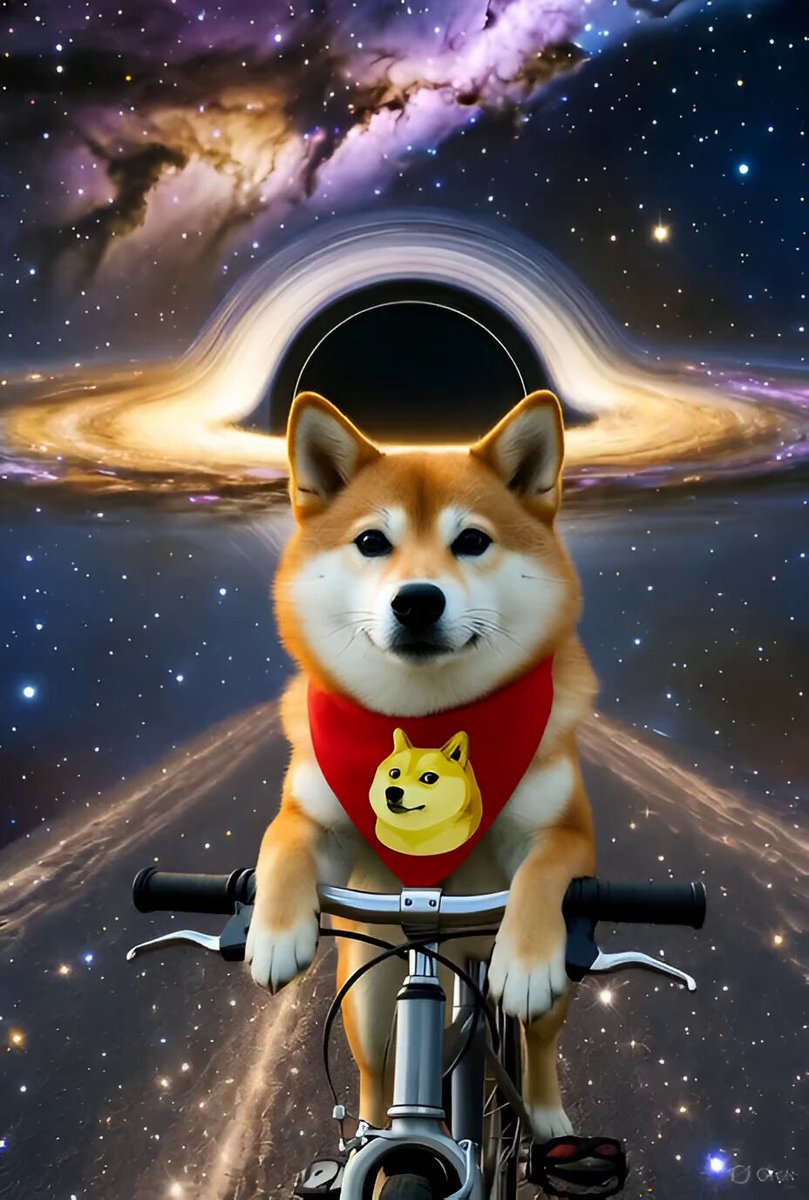The image features a brown and white dog wearing a red bandana, riding a bicycle with a yellow hoodie on its back. The background of the image shows a black hole surrounded by stars, creating an otherworldly atmosphere. The caption "Dogecoin $DOGE" is also present in the image.