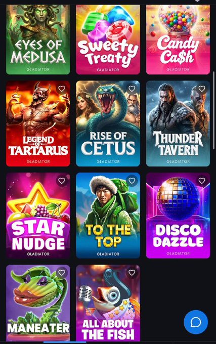 A mobile casino app interface by Gladiator displaying a grid of slot games including Eyes of Medusa, Sweety Treaty, Candy Cash, Legend of Tartarus, Rise of Cetus, Thunder Tavern, Star Nudge, To The Top, Disco Dazzle, Maneater, and All About The Fish.