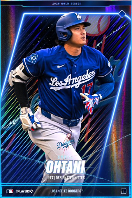 A 2026 Gold Series digital collectible card featuring Shohei Ohtani of the Los Angeles Dodgers in his #17 batting uniform, marked as a designated hitter with his name "OHTANI" displayed prominently. The card corresponds to the sold Solana-based NFT listing, showcasing Ohtani in his blue Dodgers jersey and helmet against a vibrant rainbow background.