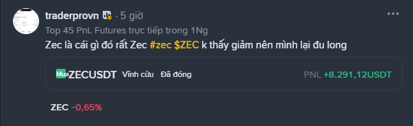 A social media post by user 'traderpron' showing a trading profit of '+8.291,12USDT' on the ZECUSDT pair, with ZEC down -0.65%.