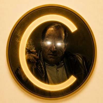 A stylized portrait of a man with glowing white eyes is framed within a large glowing golden letter "C," echoing the ticker symbol $CATE referenced in the post's call to "Let's ride $CATE army."