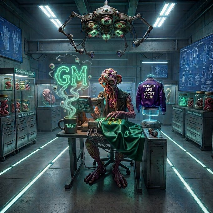A digital artwork depicting a multi-eyed alien-like creature sitting at a desk in a cyberpunk lab, wearing a jacket with 'BORED APE YACHT CLUB' text, with a glowing green 'GM' neon sign and a 'MAYC' coffee mug.