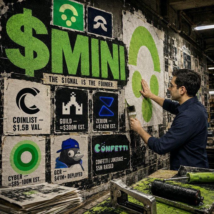 A man pastes a green "$MINI" poster on a wall covered with logos and valuations of similar crypto projects, including Coinlist ($1.5B val.), Cyber ($85–100M est.), Zerion ($142M est.), Guild ($300M est.), GCR ($41M+ Deployed), and Confetti/Jokerace ($5M Raised), with the tagline "THE SIGNAL IS THE FOUNDER," visually reinforcing the post's argument that comparable AI agent infrastructure narratives already command significant valuations.