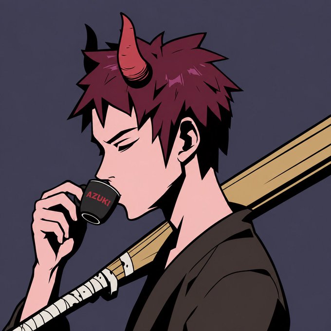 An anime-style illustration depicts a character with a red horn on his forehead, holding a cup labeled 'AZUKI' and a wooden bat across his shoulder.
