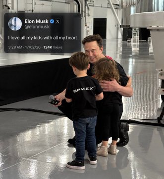 An image showing him hugging two children, accompanied by an embedded tweet from 'Elon Musk @elonmusk' that reads 'I love all my kids with all my heart,' posted at '3:29 AM · 7/02/28' with '12.6K Views'.