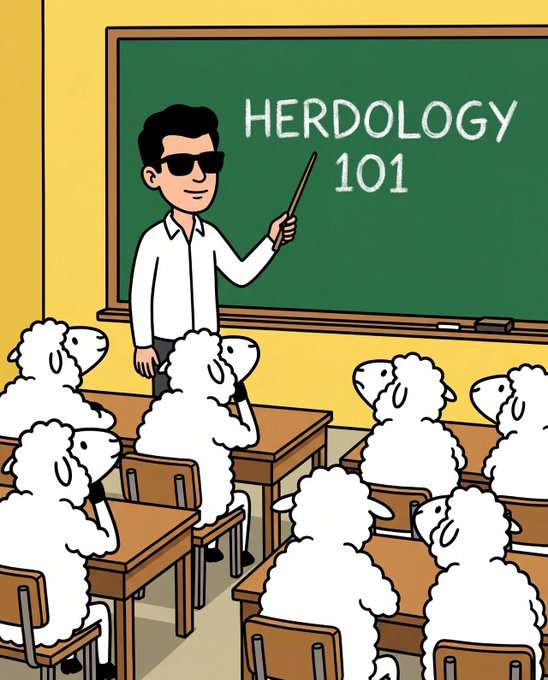 A cartoon classroom scene shows a teacher in sunglasses pointing at a chalkboard reading "HERDOLOGY 101," while his students—depicted as literal sheep—sit attentively at their desks. The image humorously illustrates the post's message about blindly following ("herding") after influential crypto traders instead of thinking for oneself.