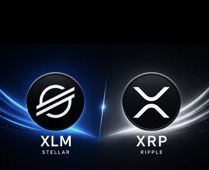 Two cryptocurrency logos are displayed side by side on a dark background: 'XLM STELLAR' on the left in blue and 'XRP RIPPLE' on the right in white.