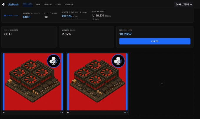 A LiteHash dashboard showing a network hashrate of 640 H, 10 lite/block, and a user's hashrate of 80 H with 10.2857 pending LIT, featuring two images of cooling fans.