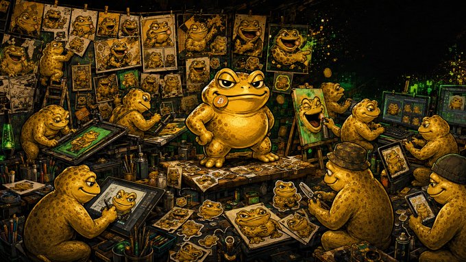 A detailed illustration depicts numerous anthropomorphic toads engaged in artistic activities like drawing, sculpting, and painting in a cluttered studio.