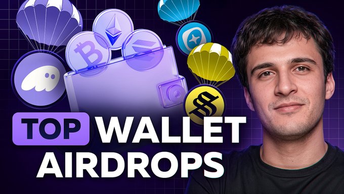 The image features a man standing next to a poster with various coins, including Bitcoin and Etherium, scattered around him. The poster also includes text that reads "Top 5 Crypto Wallet Airdrops In 2026!". This suggests that there is an upcoming event or release related to cryptocurrency wallets and airdrops in the year 2026.