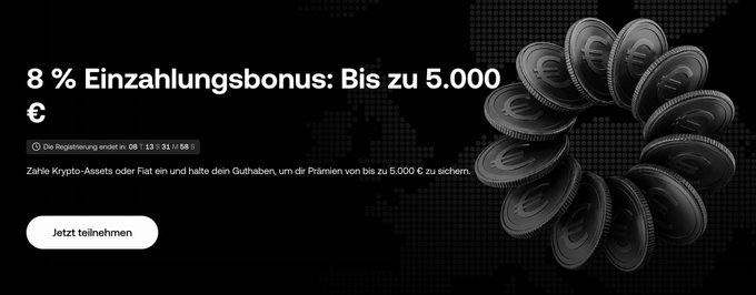 The image is a promotional banner advertising an "8% Einzahlungsbonus" (8% deposit bonus) up to 5,000 €, with a countdown showing "06 13:31:58" remaining, alongside a call-to-action button "Jetzt teilnehmen" (Join now) and a stack of dark coins. The post "3 more days. After that, no one will pay you 8% for doing nothing anymore" emphasizes the urgency of the offer before the timer expires.