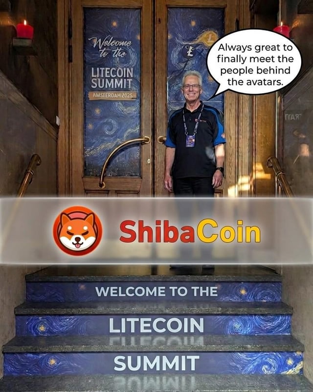 A man stands at the entrance of the Litecoin Summit Amsterdam 2025 with a speech bubble saying 'Always great to finally meet the people behind the avatars,' while a 'ShibaCoin' logo is overlaid on the image.