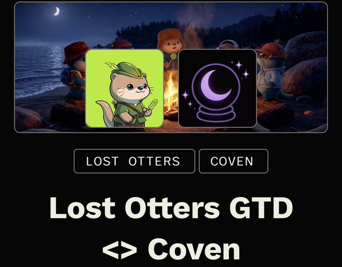 Banner for 'Lost Otters GTD' by Coven featuring two cartoon otter characters, one in scout attire and one a wizard, set against a campfire night scene.