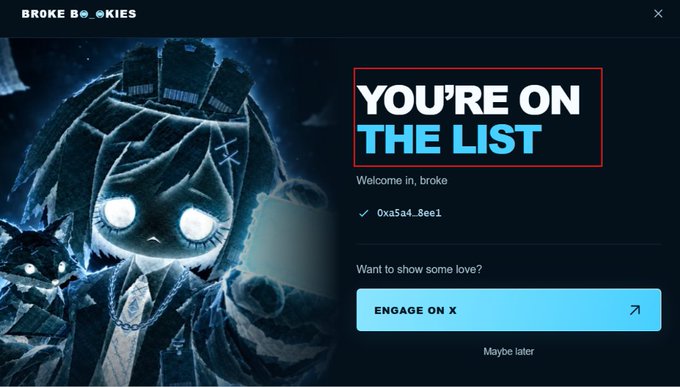 A confirmation screen from "BROKE B00KIES" displays a stylized blue-toned character beside the message "YOU'RE ON THE LIST," welcoming the user "in, broke" with wallet address 0xa5a4...8ee1, directly matching the post's steps for submitting an EVM wallet address for early access to a special upcoming project on Arc.